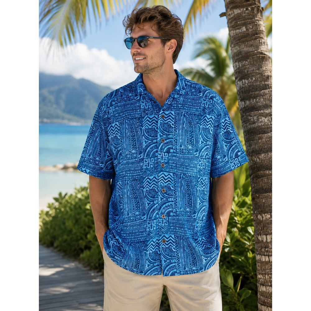 Johari West Mens Blue Hawaiian Camp Shirt Large Tropical Tribal Print Button Up